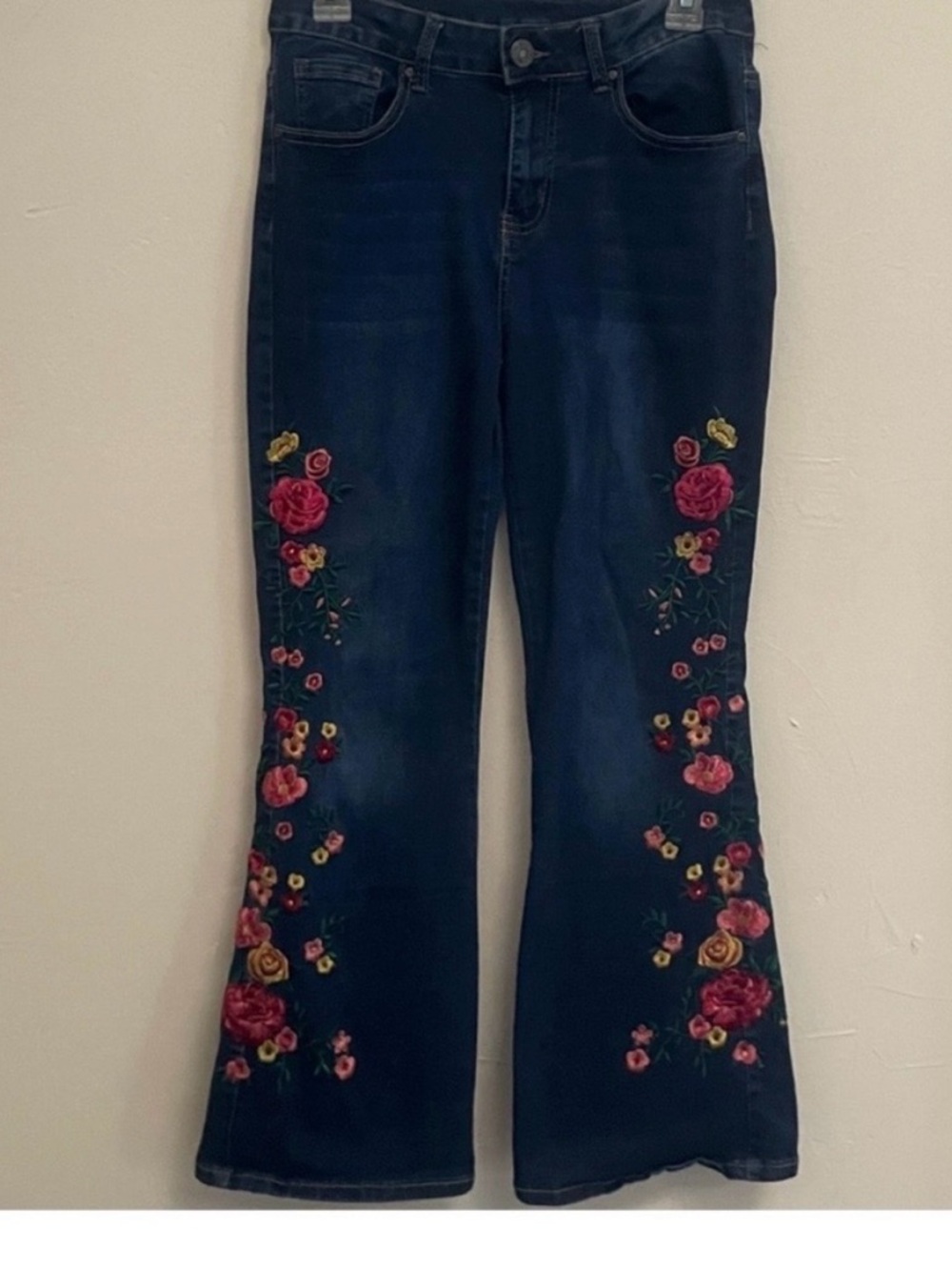 Embroidered Floral Dark Blue Flare Jeans